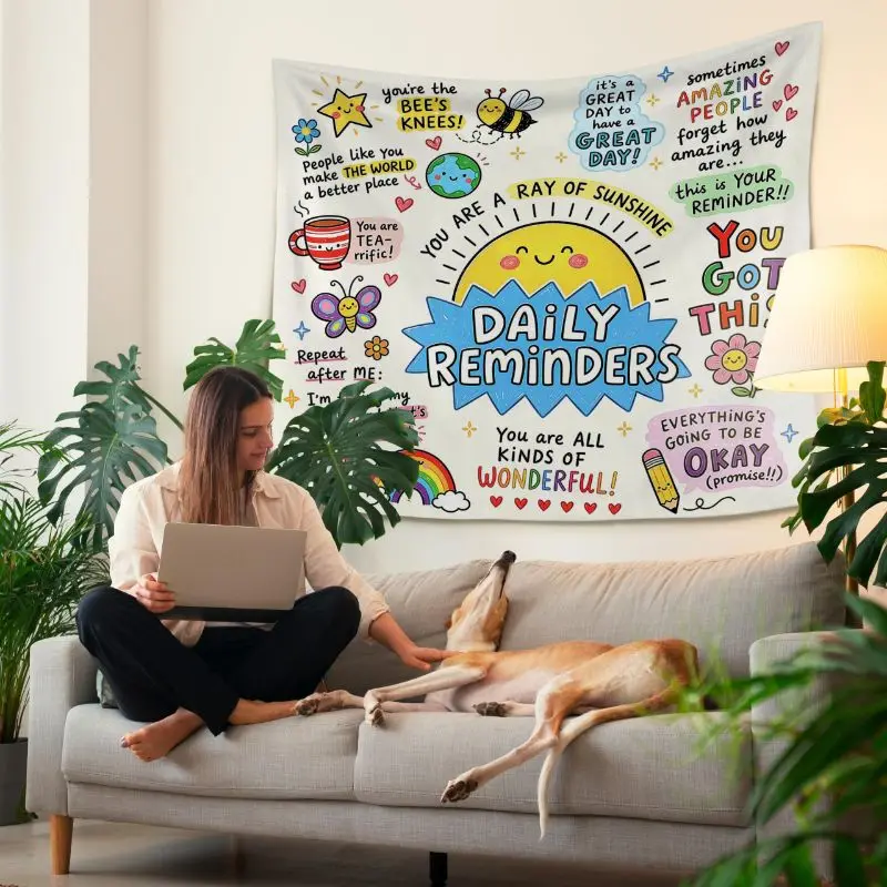 VIKAMA Daily Reminders Positive Quote Cartoon Wall Tapestry Sun Bee Butterfly Rainbow You Are Sunshine Doodle Kids Bedroom Soft