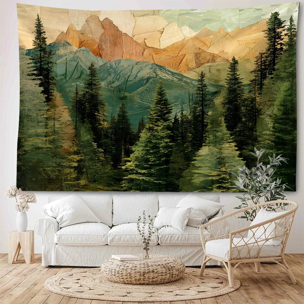 Beautiful mountain scenery, oil painting background decoration tapestry, sunset mountain scenery painting decoration tapestry