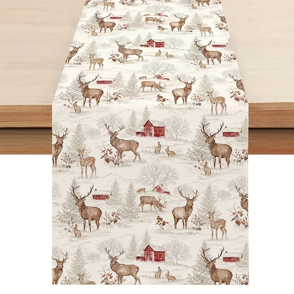 1 Stück festlicher Weihnachts-Tischläufer – rechteckiges Schneebaum-Hirsch-Design, ideal für Feiertags-Essdekoration, Bauernhaus im Innen- und Außenbereich