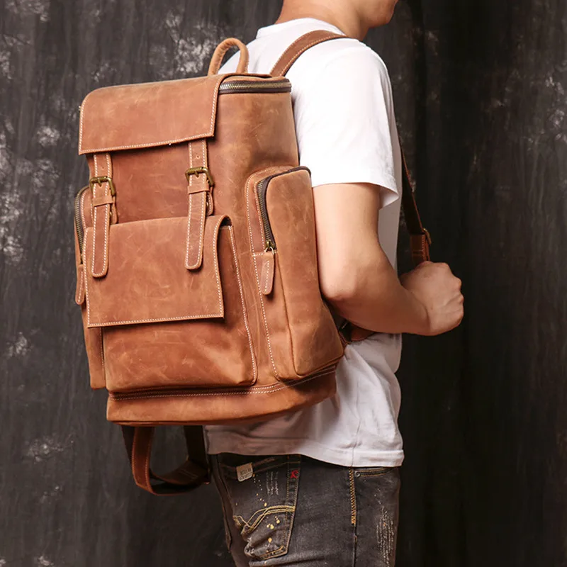 

European Retro New Genuine Leather Backpack Crazy Horse Leather Travel Hiking Rucksack Large Capacity Laptop Bag Outdoor Camping