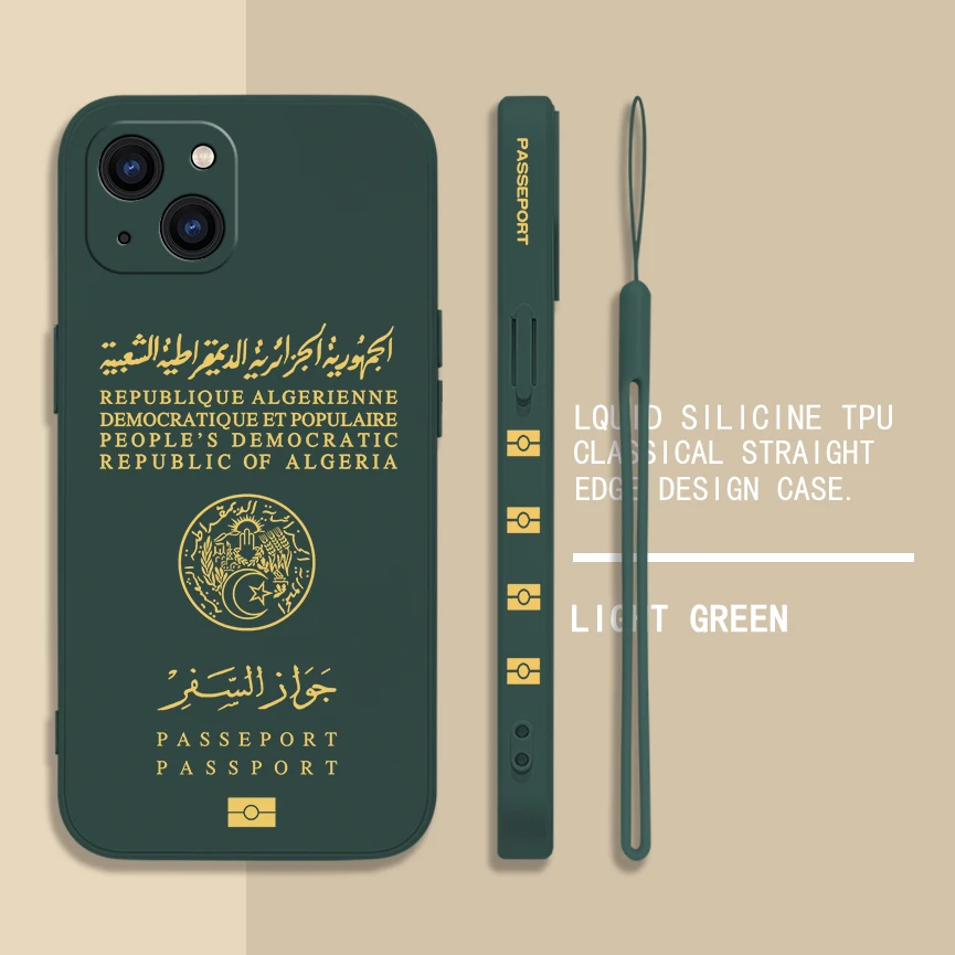 Algeria Passport Phone Case For iPhone 15 14 13 12 11 Pro Max Mini X XR XSM AX 8 7 6S Plus Soft Silicone Cover With Hand Strap