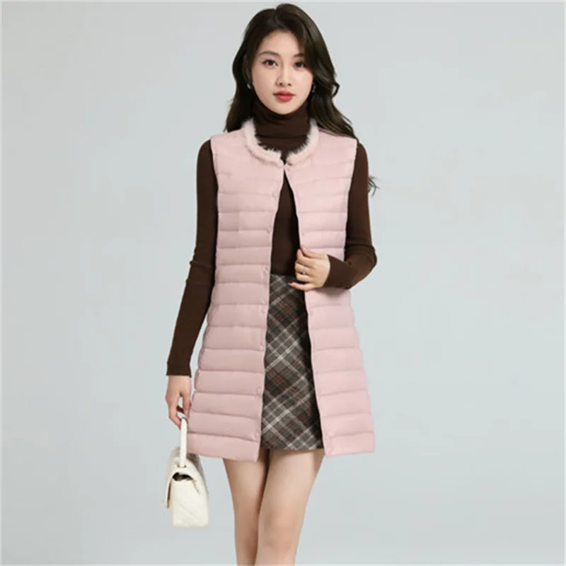 

Mink Collar Long Down Waistcoat Jacket New Winter Women Ultra Light White Duck Down Vest Coat Ladies Sleeveless Warm Tank Parkas