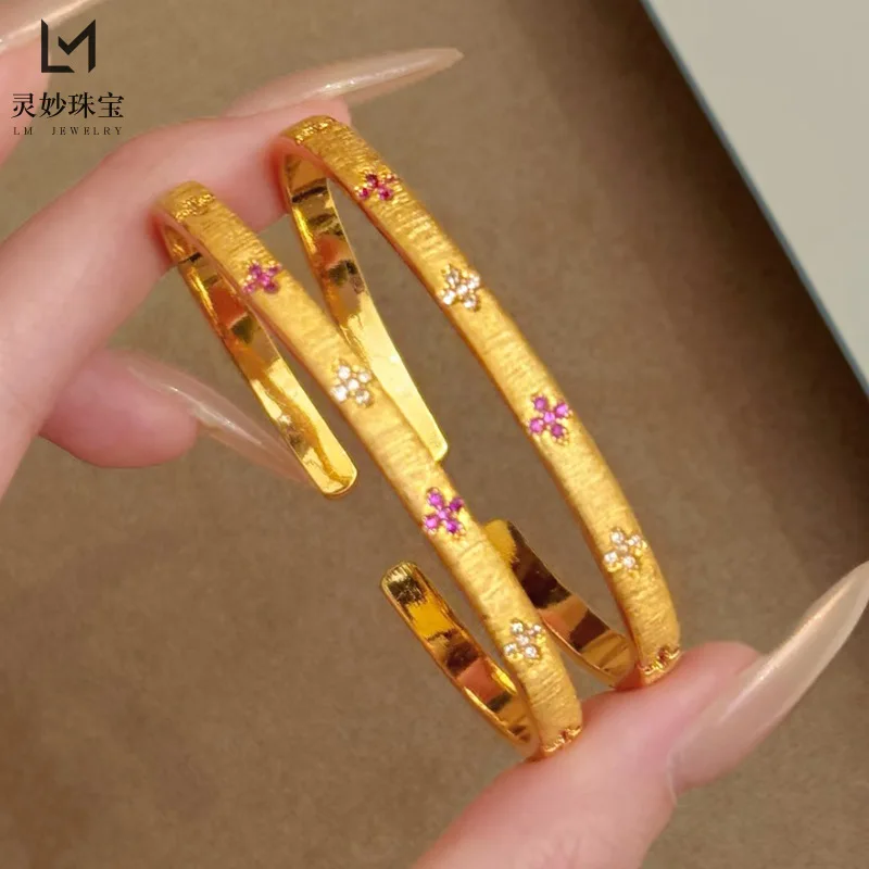 

9999 24K real gold luxury jewelry point diamond brushed bracelet ring thin style light luxury gift for girlfriend