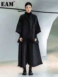 EAM-traje plisado de dos piezas para mujer, pantalones de pierna ancha, cuello alto, manga larga, ajuste suelto negro, Moda de Primavera y otoño, 2024, 1DE3064