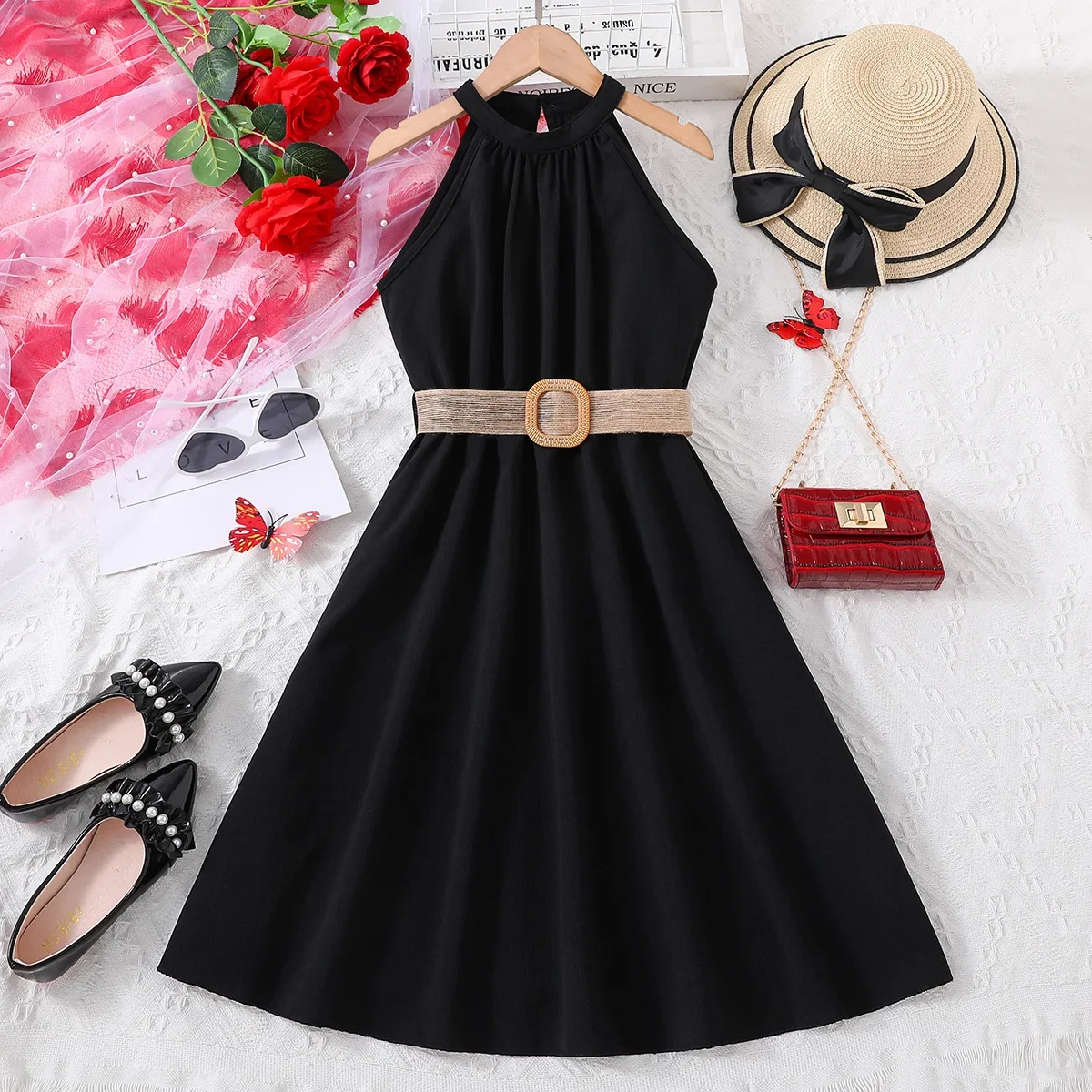 Halter and shoulder princess dress Dress belt summer Casual fashion dress  for big girls Everyday clothing Solid color A-line - AliExpress 1501