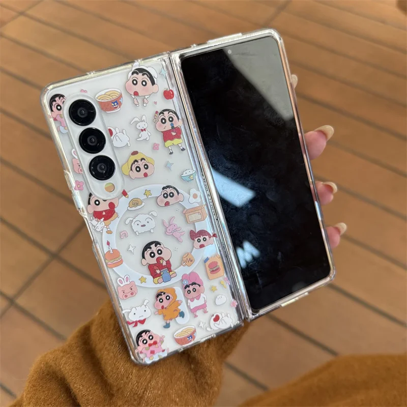 

Luxury Folding Cute Crayon Shin-chan Cartoon Magsafe Wireless Charge Case For Samsung ZFold 3 4 5 6 7 3D Anime Magnetic Holder
