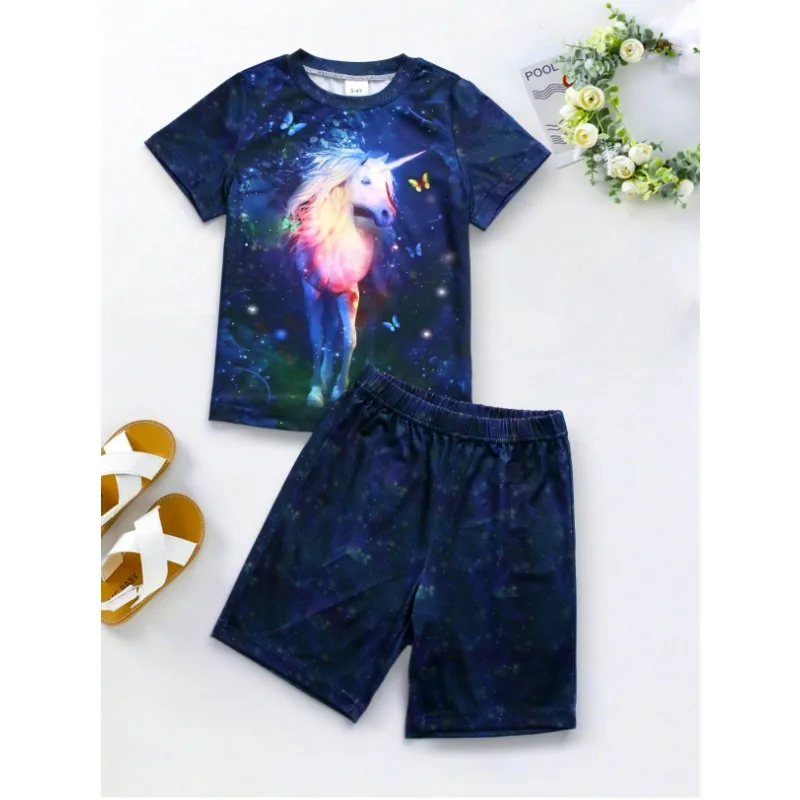 2pcs Girls Fashion Cool Casual Loungewear Pajama Set, Unicorn Butterfly Pattern Short Sleeve Top + Shorts Set