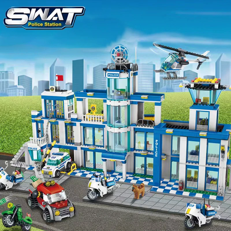 Street View City Police Station Building Blocks Military Helicopter Car SWAT Prison Bricks Model Toys For Kid Birthday Gift MOC