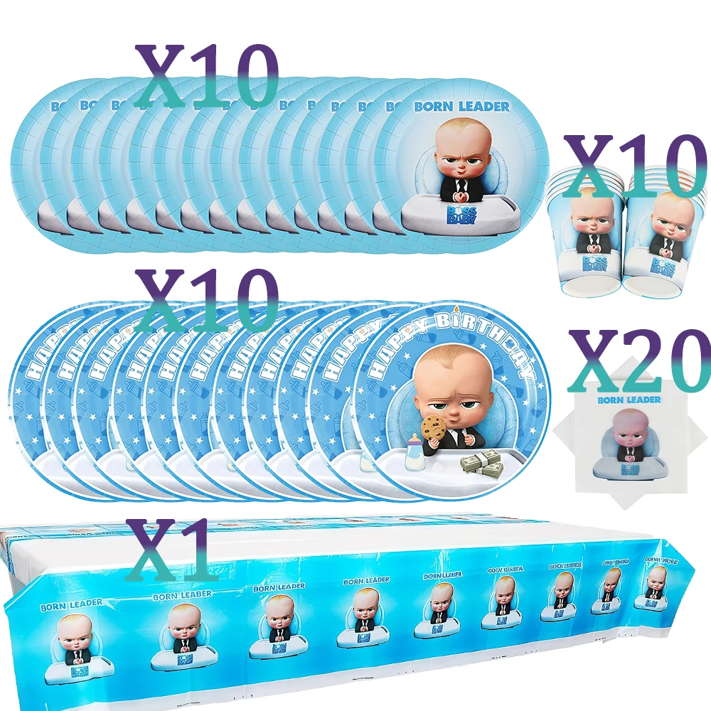 Bossed Baby Cartoon Geburtstagsparty Dekoration Einweggeschirr-Set Teller Becher Ballon-Set Kinder Baby-Shower Zubehör Geschenk