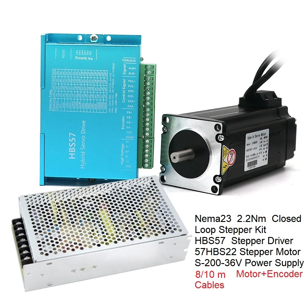 

NEMA23 2.2Nm Closed Loop Stepper Kit 57HBS22 Motor+HBS57 Drive +200W 36V Power Supply with 8/10m Motor + Encoder Cables