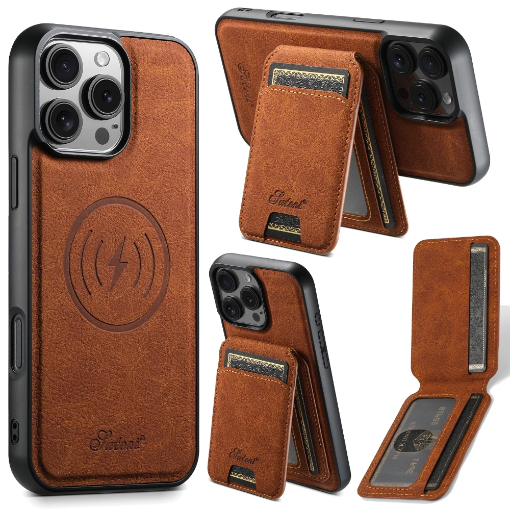 

Leather for Magsafe Case for iPhone 16 15 Pro Max 16e 14 Plus 13 12 Pro 16Plus Bracket Magnetic Back Cover with Card Holder L443