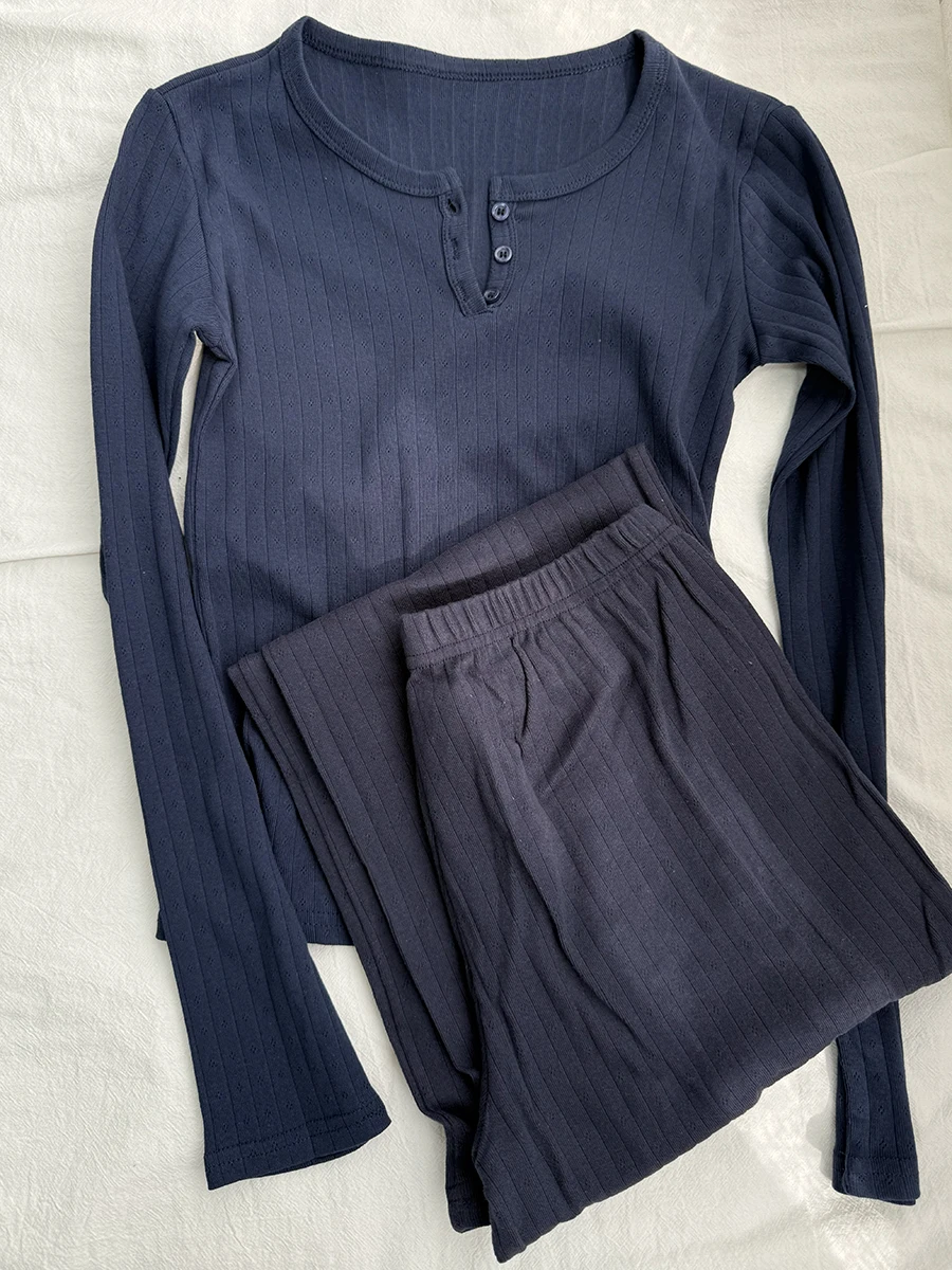 

Eyelet 2 Piece Sets Women Navy Buttons Cotton Long Sleeve Tee+Elastic Waist Straight Trousers Home Sweet T-shirt Pant Pajama Set