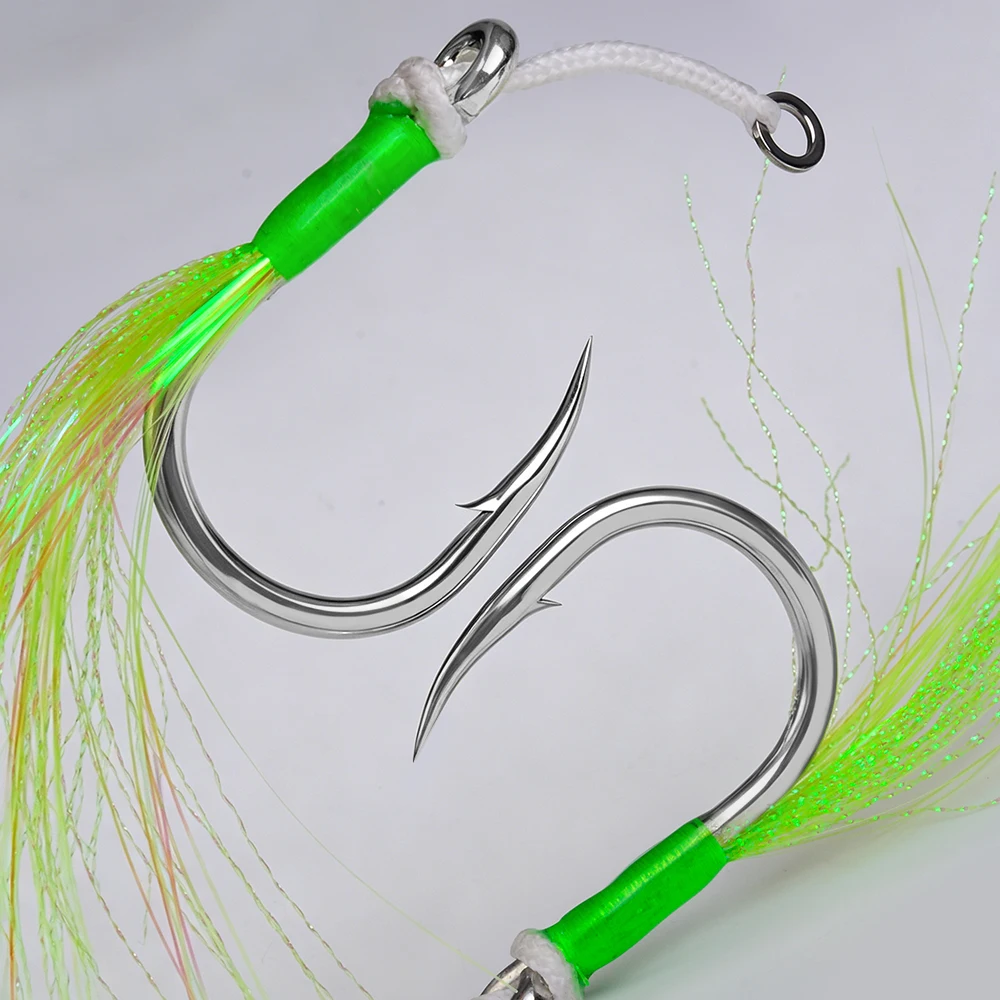 PROBEROS 2 Stück/Beutel Hochsee-Angelhaken mit Doppelhaken, Flash-Feather-Design, Robuste Widerhaken-Jighaken für Salzwasser-Angelausrüstung – Detail 12
