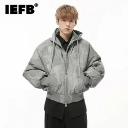 IEFB Korean Style Men's Padded Coats Fake Two-piece Tie-dye Hodded Drawstring Solid Color Casual Male Short Jackets Tide 9C8505