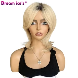 Blonde Short Straight Wavy Layered Hair Synthetic Wigs  With Dark Root For Women High Temperature Natural Wavy Cosplay Daily Wig