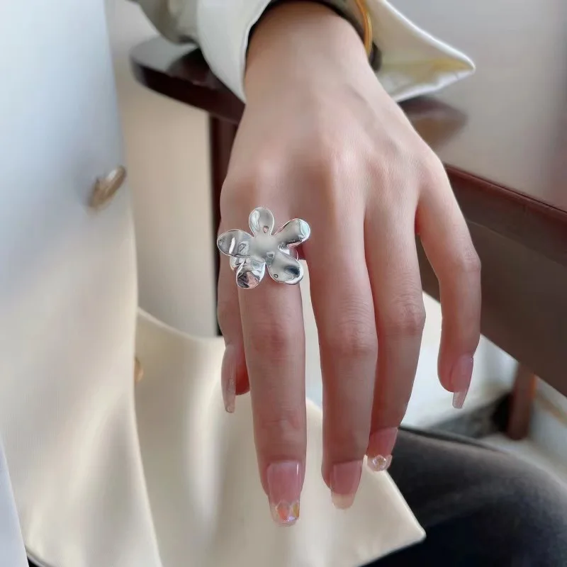925 Sterling Zilver Open Vinger Ring Goud Kleur Elegante Bloemknop Asymmetrische Zoete Voor Vrouwen Sieraden Gift Dropship Groothandel