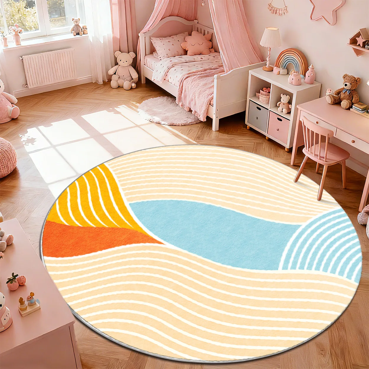 2d Printed Blue Orange Cream Vintage Oriental Round Area Rug Non Slip Floor Mat For Heritage Style Home Decor Gift