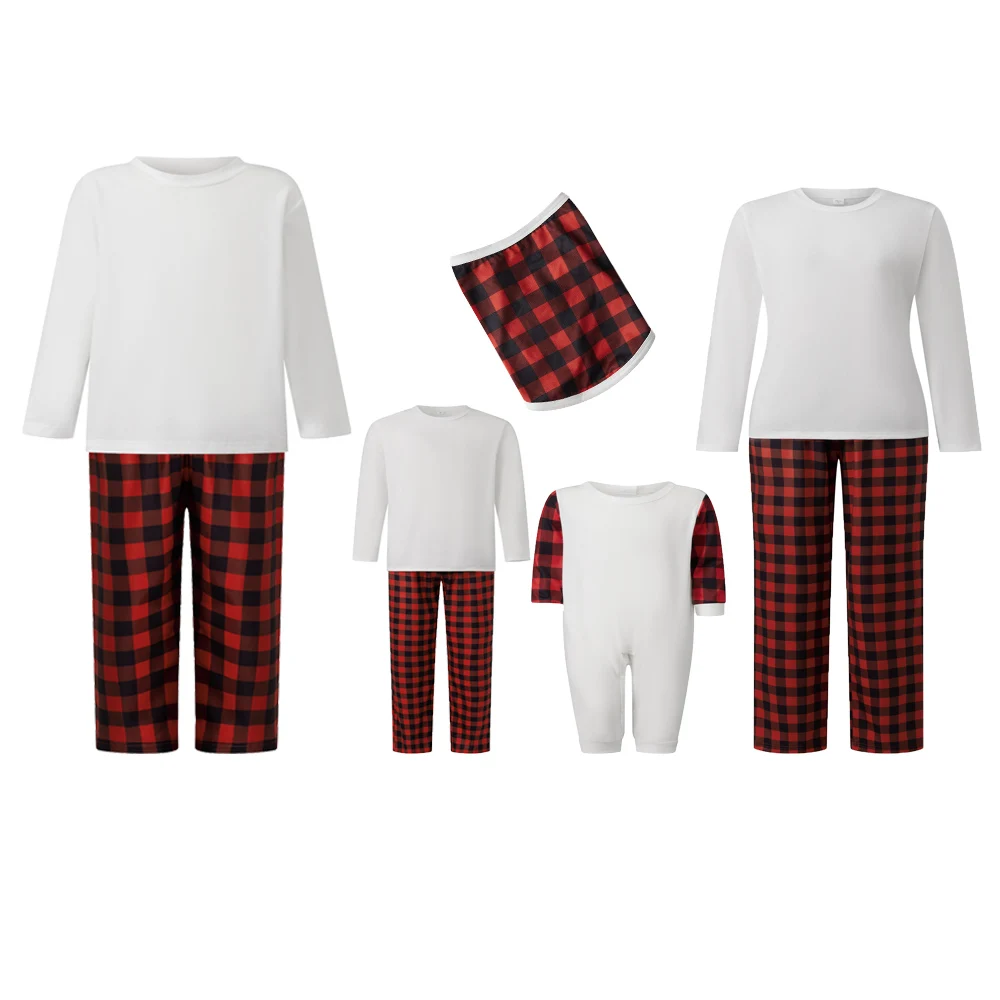 

Merry Christmas Mother Father Kids Baby Dog Matching Pajamas Set Solid Long Sleeve Tops and Plaid Pants Sleepwear Nightwear