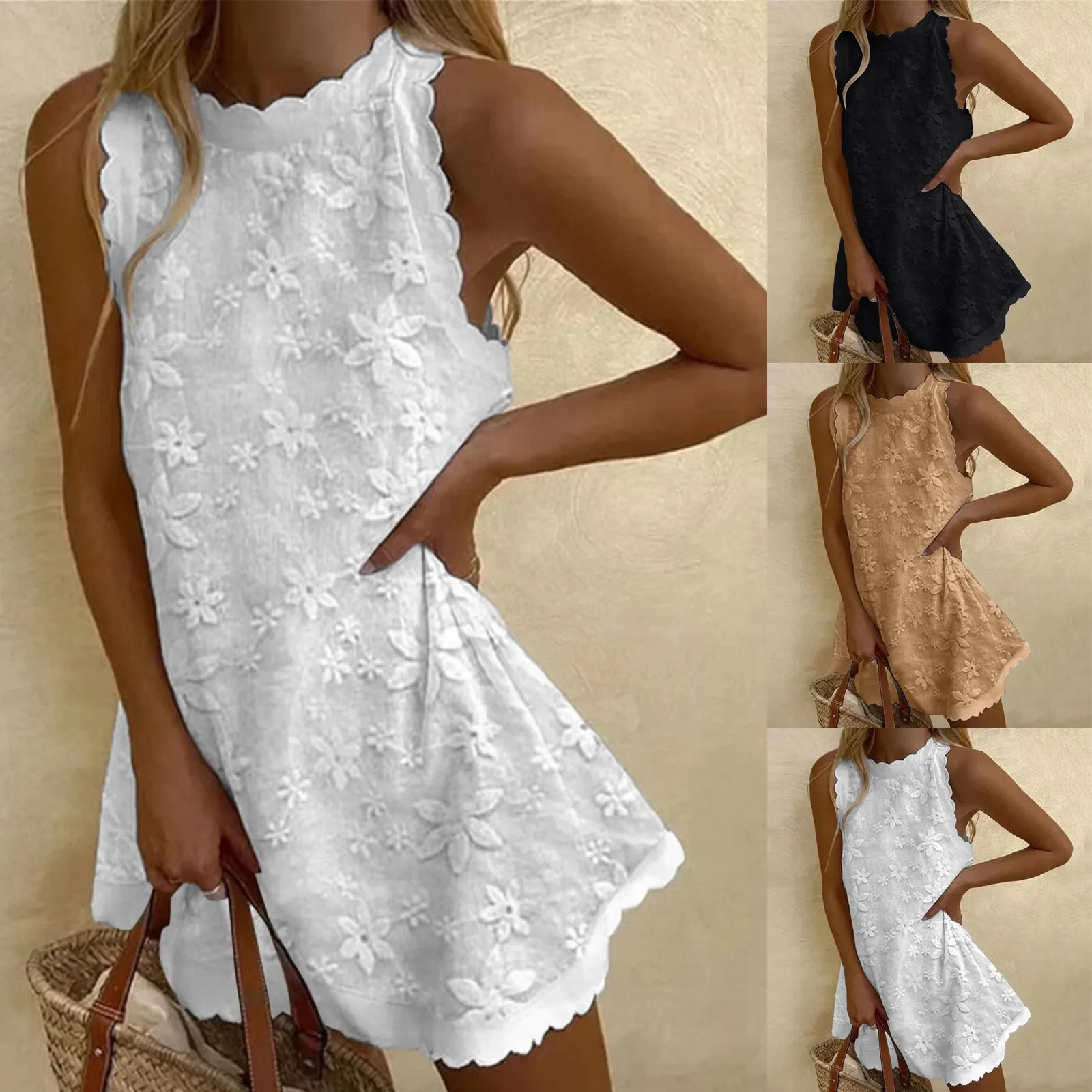 Elegant Floral Embroidery Mini Dress Women's Sleeveless Cotton Linen Tank Dress Solid Color Spring Summer Holiday Sundress Robe