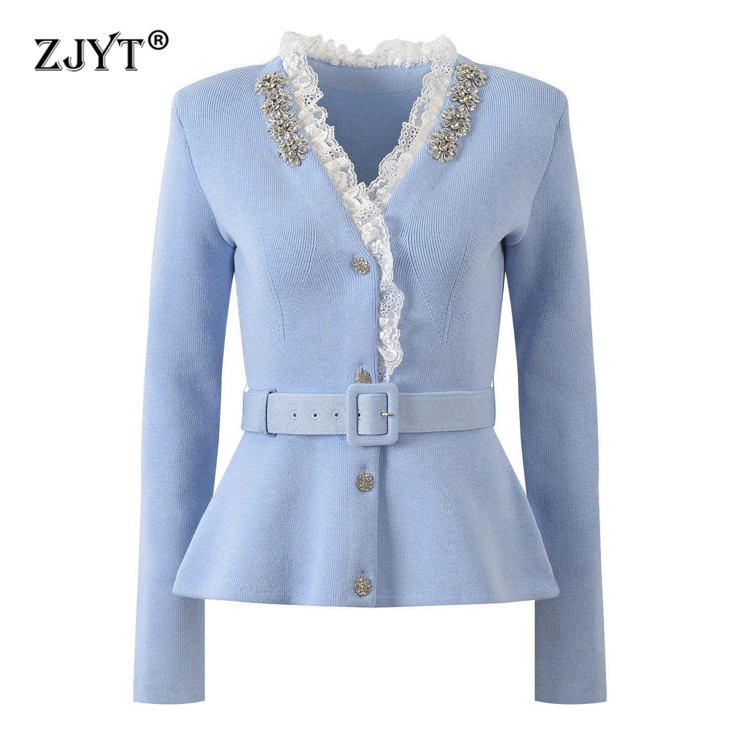ZJYT Fall Winter Fashion Long Sleeve Knitted Cardigans Sweaters for Women Diamonds V Neck Belted Knitting Coat Tops Blue Female
