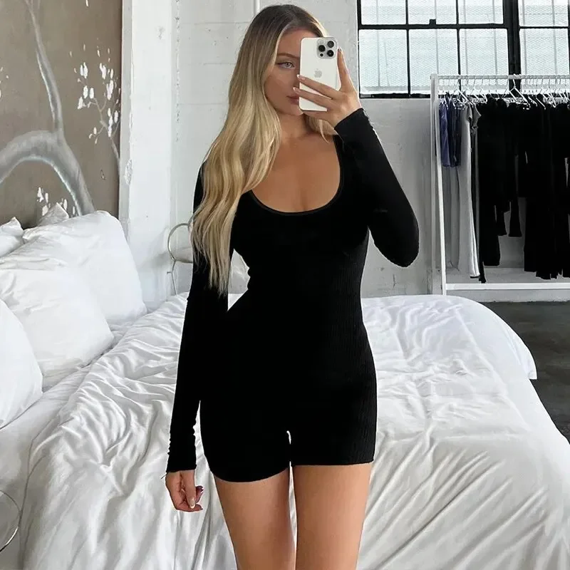 BWQ Women 2024 Spring Autumn Long Sleeve Streetwear Bodycon Basic Black Romper Playsuit Wholesale Items For Business P361319