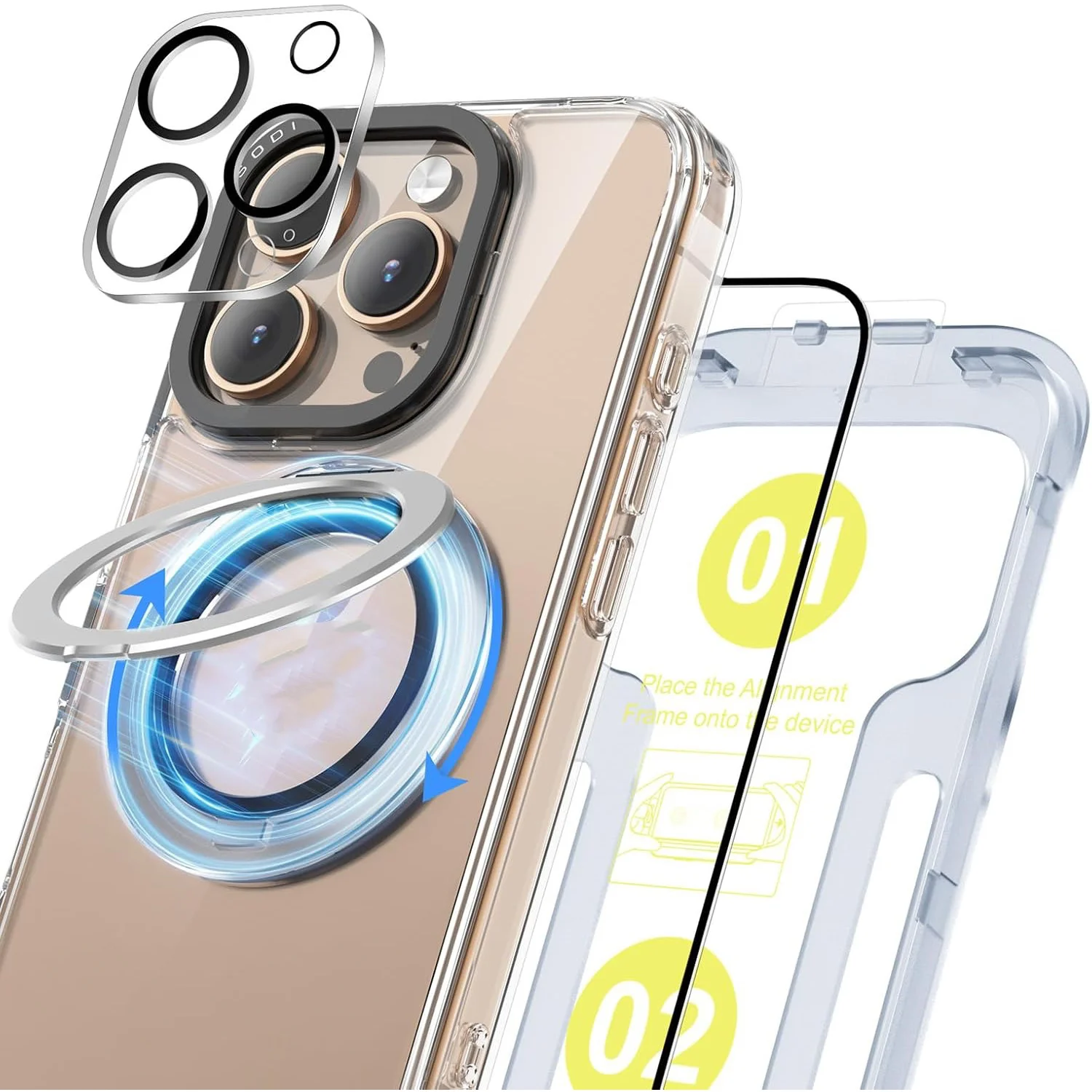 SODI Magnetic Phone Ring Case for iPhone 16 Pro/Pro Max with 1 Screen Protector 1 Camera Lens Protector Clear Non-Yellowing