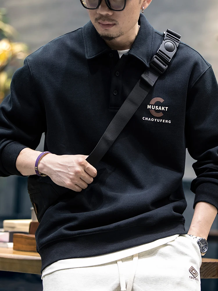 Black American Retro  Neck Sweatshirt Men's Loose Large Size Long Sleeve Shirt Collar Commuting Casual Outerwear