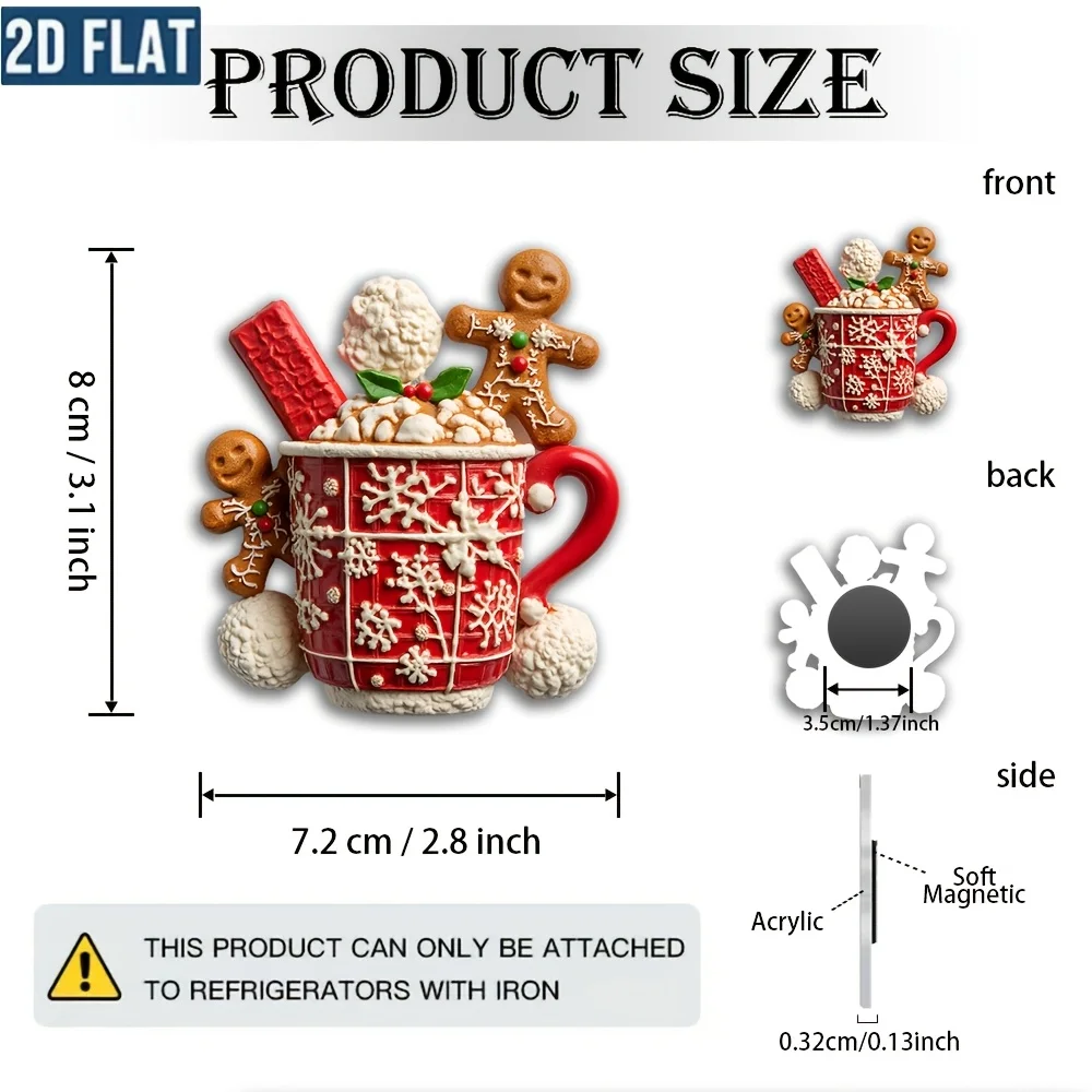 1pc 2D Flat Gingerbread & Hot Cocoa Magnet. Red Checkered Mug. Xmas Decor for Fridge, Whiteboard & Home