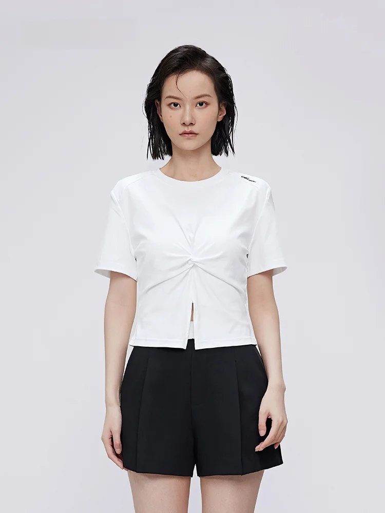 

XMOOM Summer New Women's Short Sleeve T-Shirt Front Chest Knot Waist Slimming Short Style Casual Fit Pure Cotton round Neck