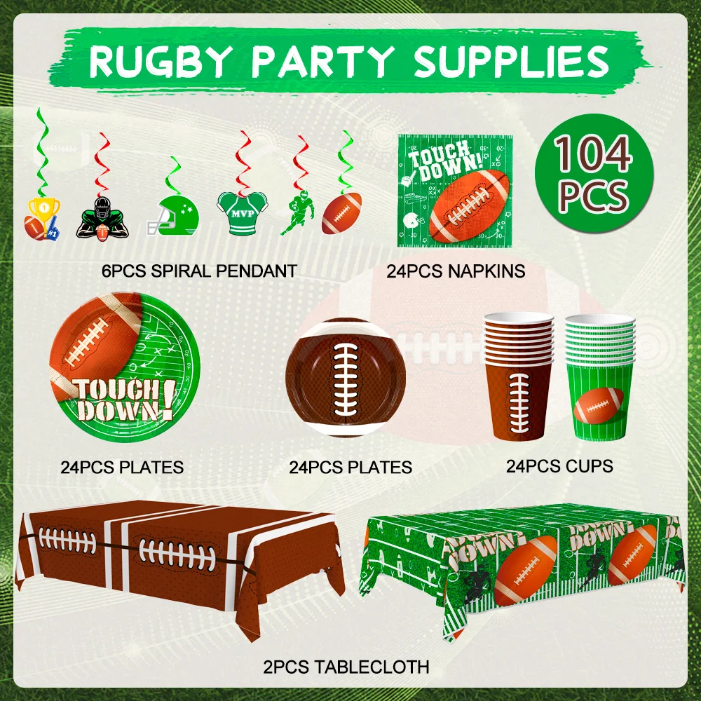 Football Party Supplies Tableware, 104pcs Party Tableware Set-Football Plates and Napkins Cup Tablecloth&Swirls etc