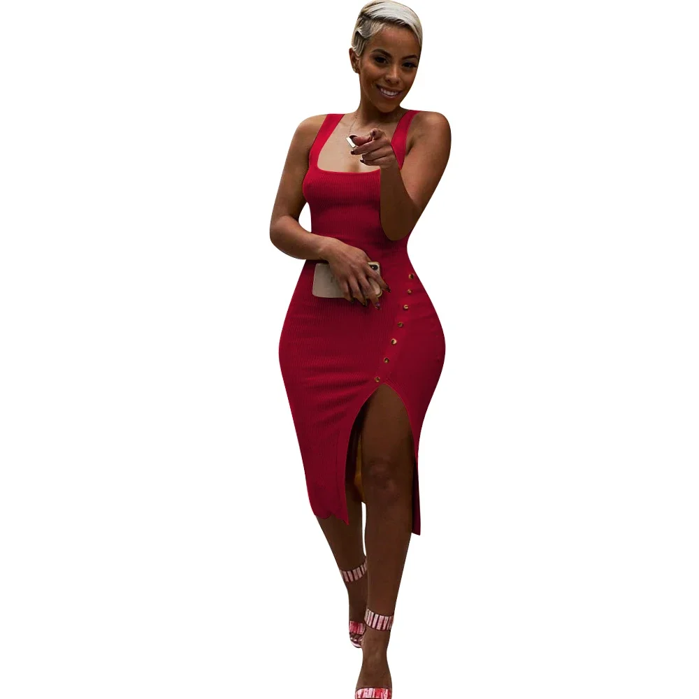 

New Women Spaghetti Strap Sleeveless Side Spit Bodycon Midi Dress Knee Length Office Lady Sexy Party Dresses Vestido Elegant