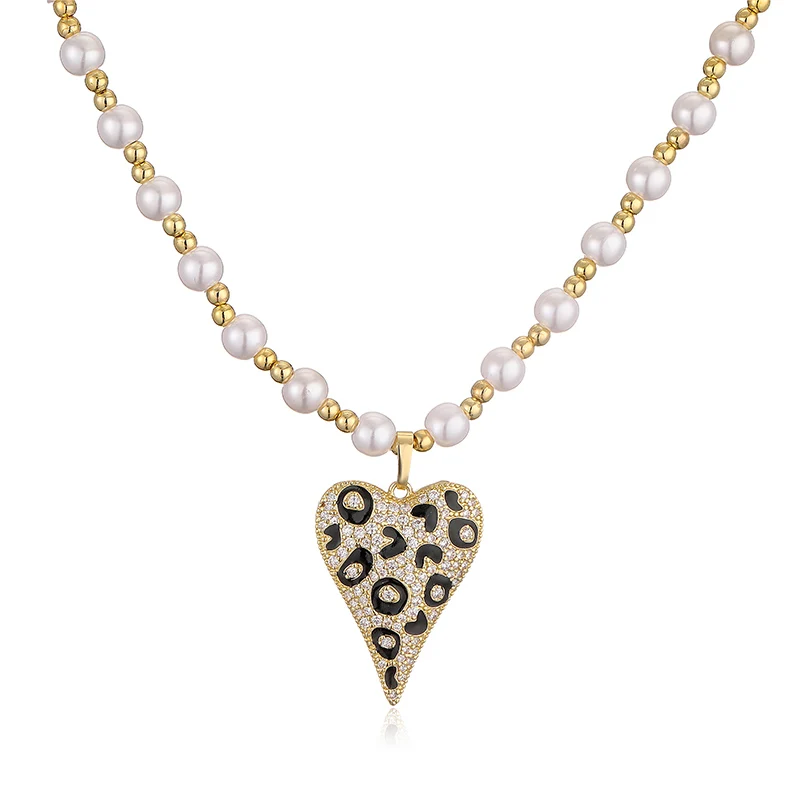 HECHENG Artificial Pearls Beaded Necklace 18K Golden Plated CZ Gemstone Heart Leopard Dot Pendant Necklace Ladies Jewellery