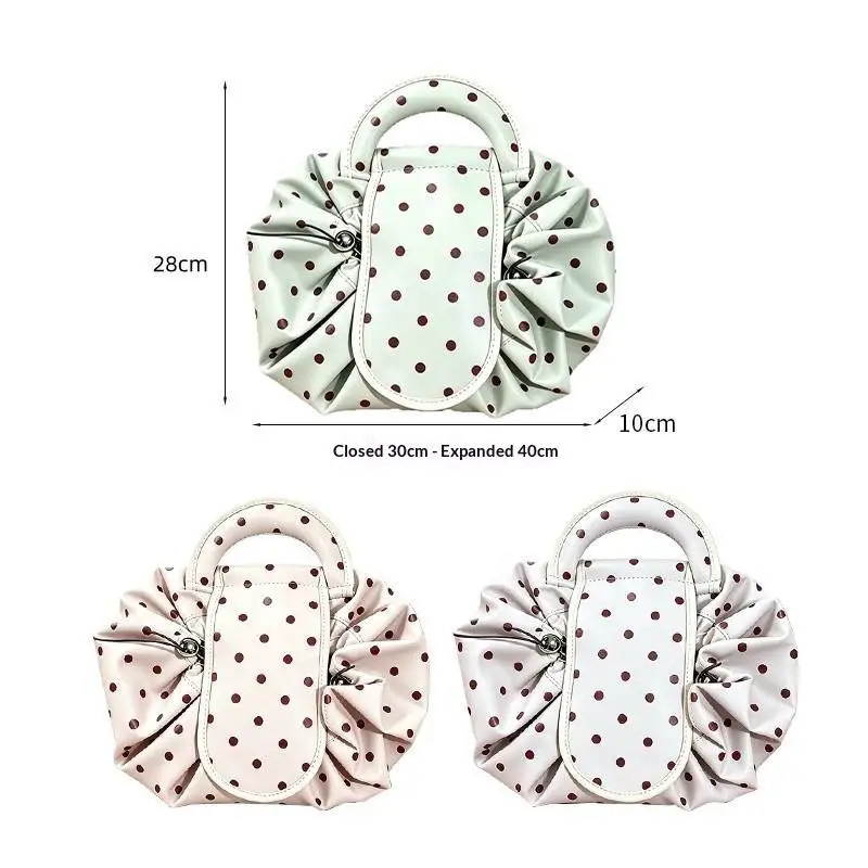 Drawstring PU Cosmetic Bag Soft Handheld Wash Pouch Waterproof Portable Toiletry Organizer for Short Weekend Getaway