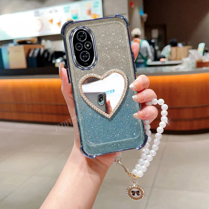 Pearl Strap Glitter Warm Lovey Phone Holder Case On For Huawei Honor 9X Pro 60 70 80 90 100 200 300 Pro Ultra Stand Back Cover