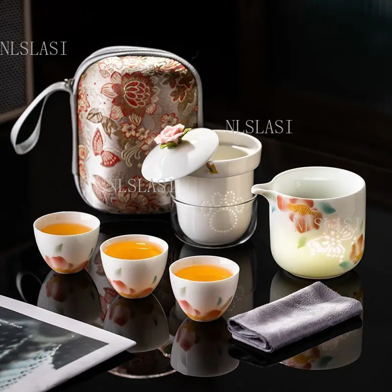 Portable Travel Teaset Luminous Floral Porcelain Teapot with Matching Teacups Fabric Storage Bag for Outdoor Camping Tea Brewing