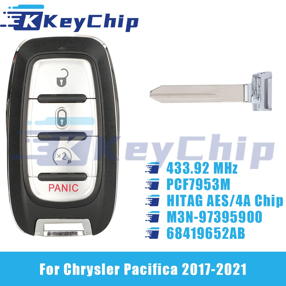 KeyChip Pro For Chrysler Pacifica 2017-2021 3+1 Buttons Smart Key 433 MHz PCF7953M HITAG AES 4A Chip M3N-97395900 68419652AB