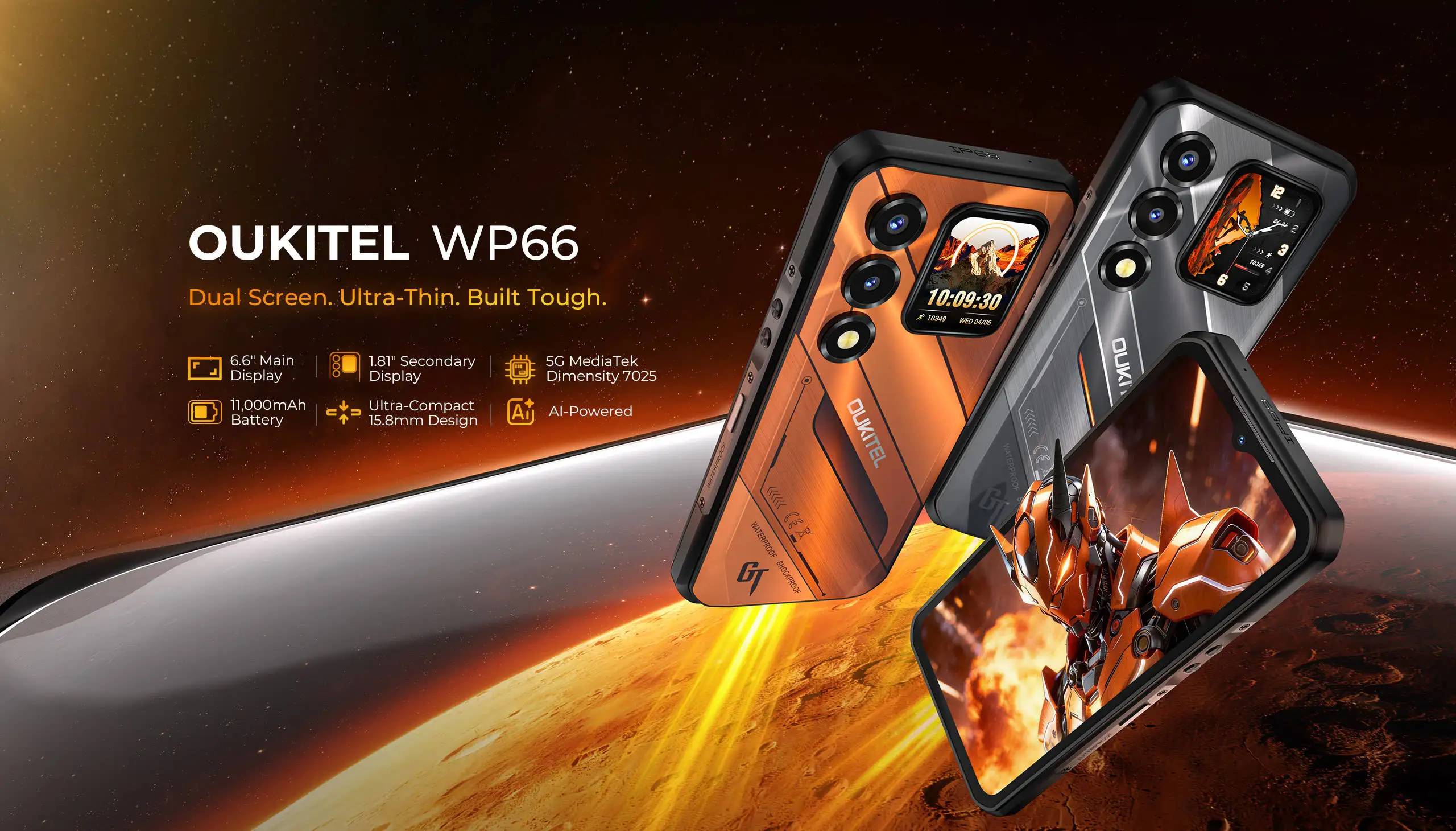 Global version OUKITEL WP66 5G Rugged Phone MTK 7025 6.6" FHD+ 1.81" Dual Screen 36GB+512GB 11000mAh 108MP Smartphone Android 16