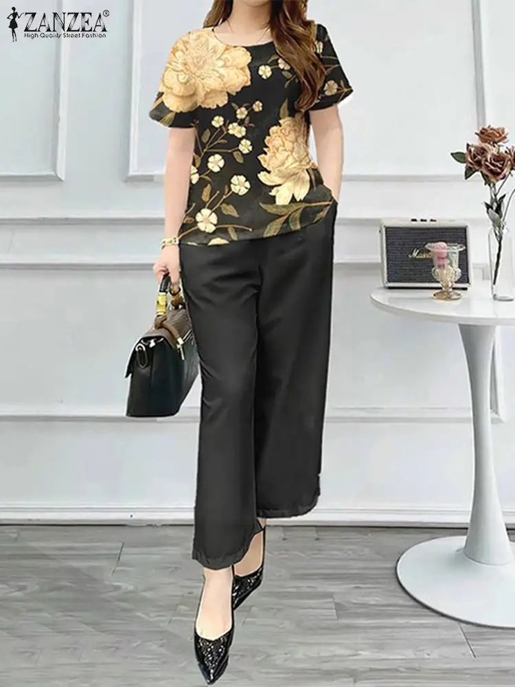 Elegant Women OL Work Pant Sets ZANZEA Summer 2pcs Short Sleeve Floral Blouse Trousers Suits Matching Sets Tracksuits Oversize