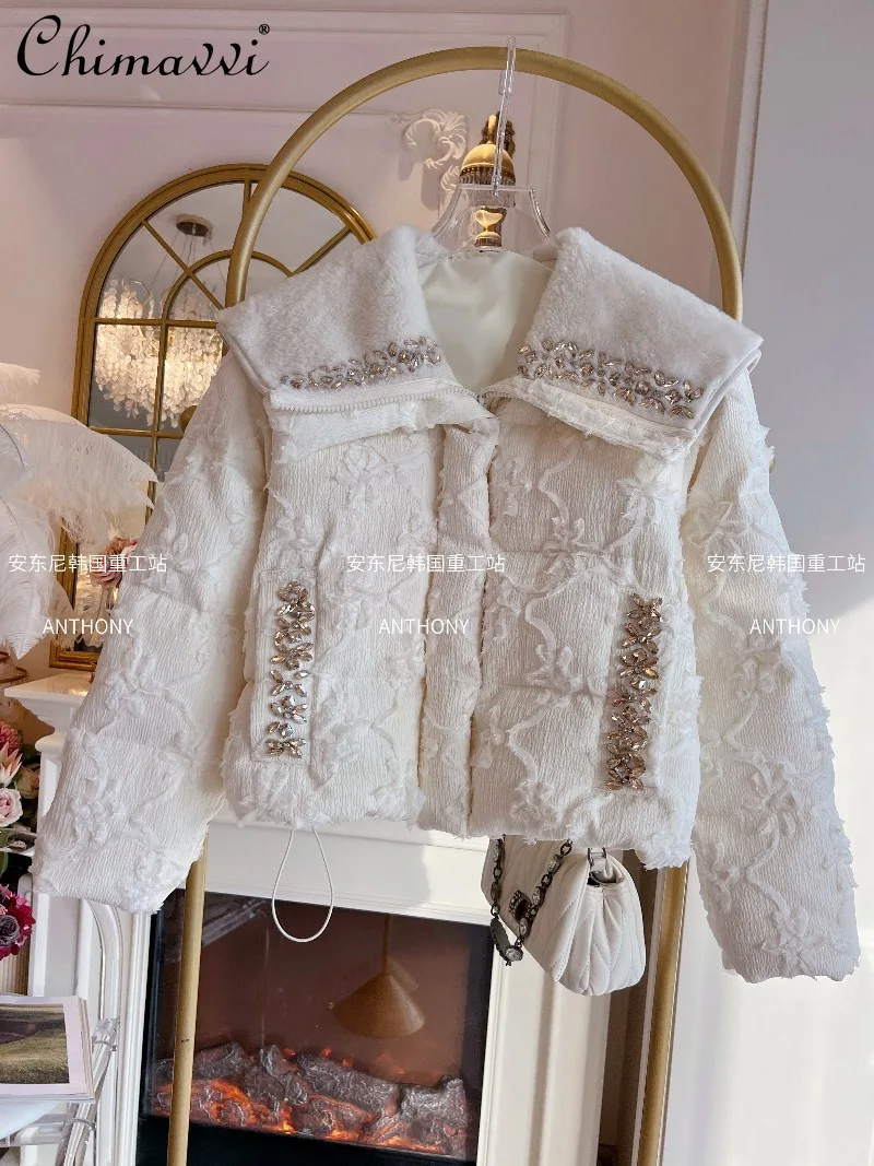 

High-End Fashion Down Jacket Thickened Coat Women Heavy Embellished Diamond Collar Patchwork Lamb Wool Long Sleeve Warm Jacket