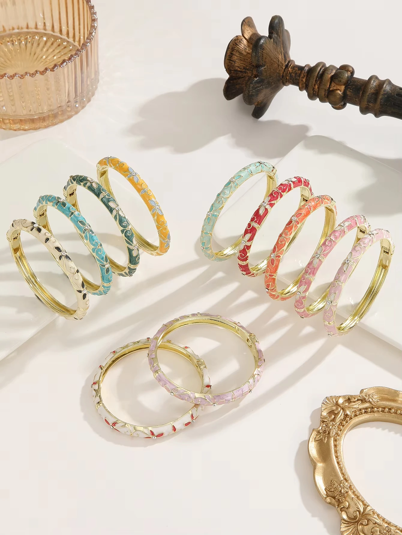 FTCY Colorful Four-leaf Flower Ename Bangles For Women Retro Enamel Dropped Glaze Floral Zircon Bangle Luxury Jewelry Gifts