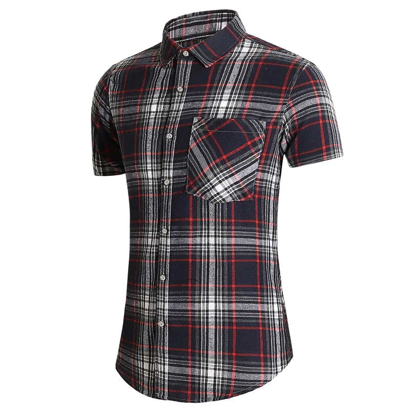 Plaid Short Sleeve Shirt Men Fashion Pocket Color Checkered Shirts Casual Business Office Blouse