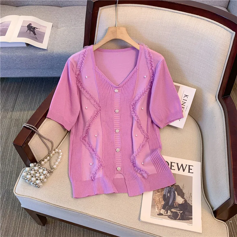 Button Beading Sweater Women Knit T-shirt Pullover Summer Short Sleeve V-neck Elegant Fashion Ladies Knitwear Jumpers Tops