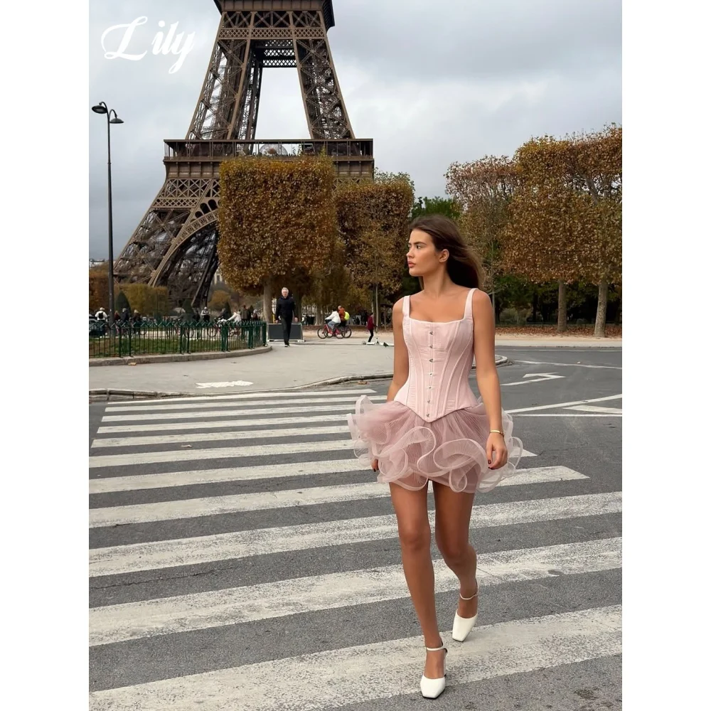 Lily Blush Pink Prom Dress Strappy Corset Evening Dress with Voluminous Tulle Skirt Short Party Dress Homecoming Gown Customized