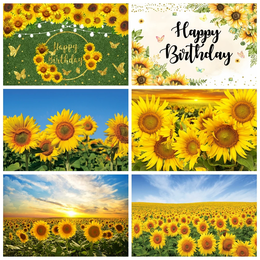 Sunflower Blue Sky Sunset Backdrop Photography Beautiful Rustic Field Natual Scenery Baby Shower Kids Birthday Party Background