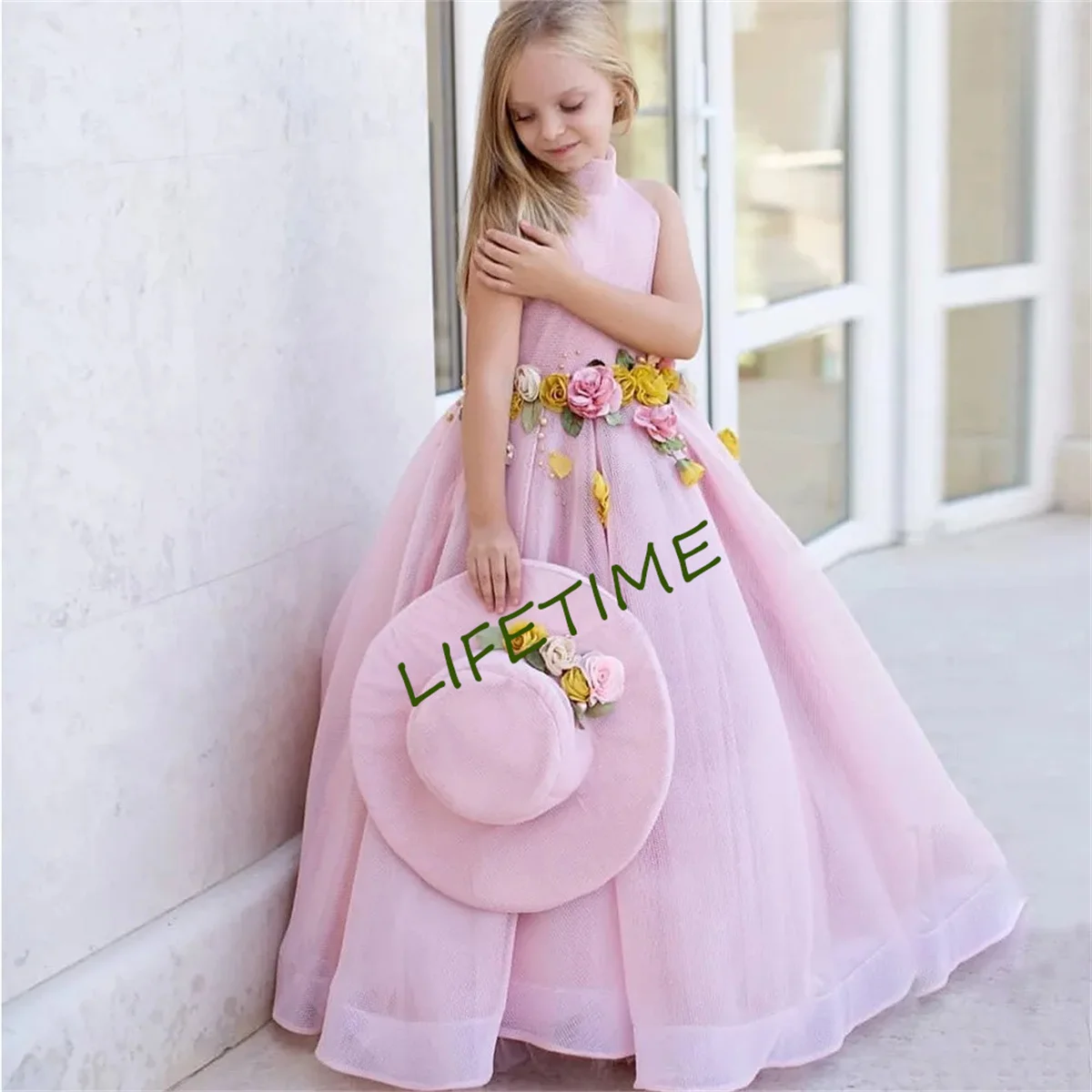 Rosa vestido de flor sem mangas para meninas, pescoço alto, até o chão, primeira comunhão, casamento, baile, princesa, baile, para o bebê