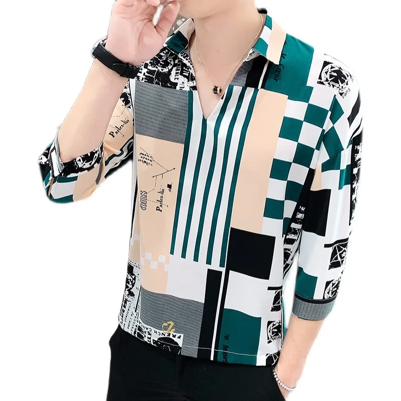 England Style Fashion V-neck Loose Print Shirt Men Men\'s Casual Luxury Summer Three Quarter Sleeve Social Shirt Designer Clothes