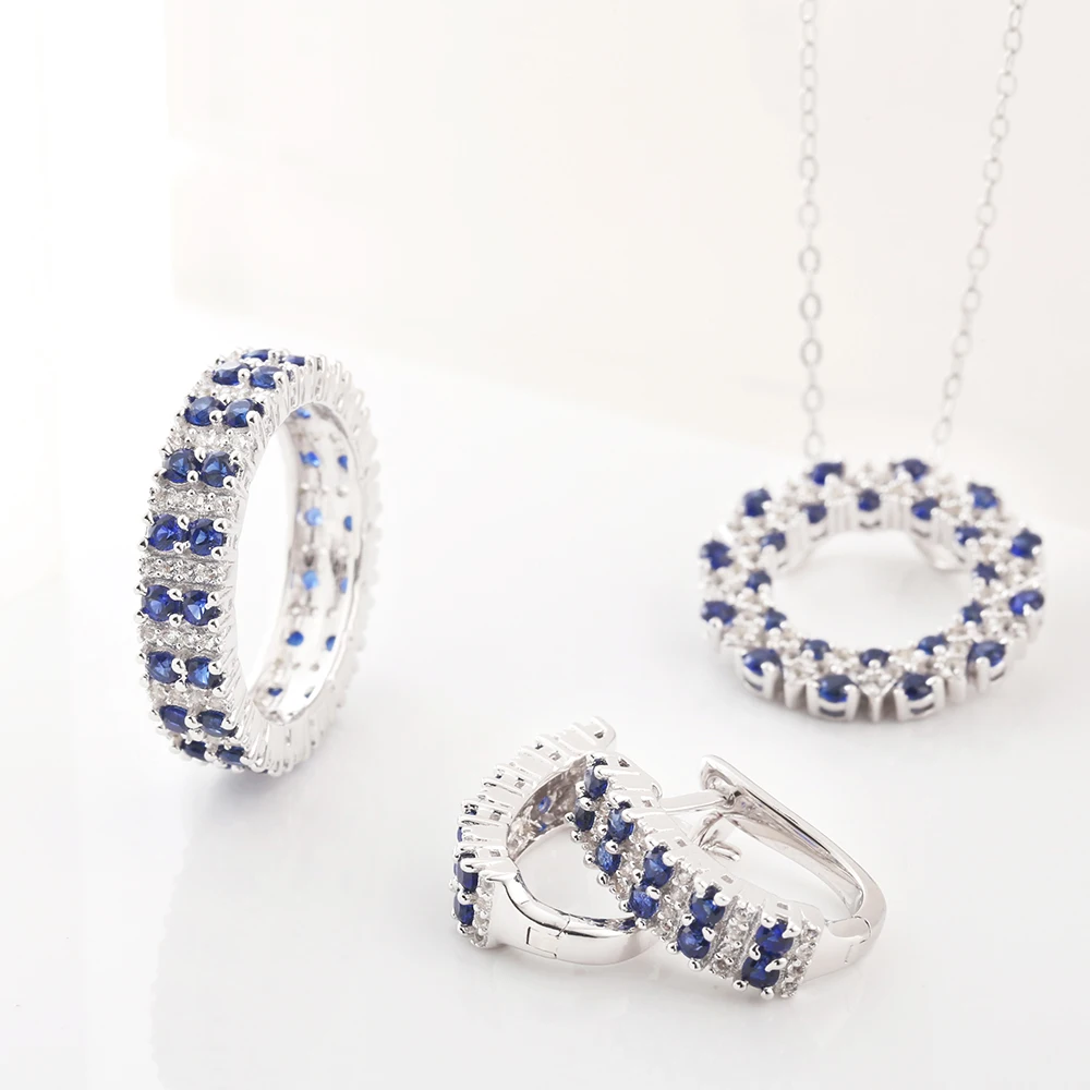 CHARMING 2025 Blue Sapphire Jewelry Set Lab Grown Gemstone 925 Sterling Silver for Women Stud Earring Necklace Ring Vintage Gift