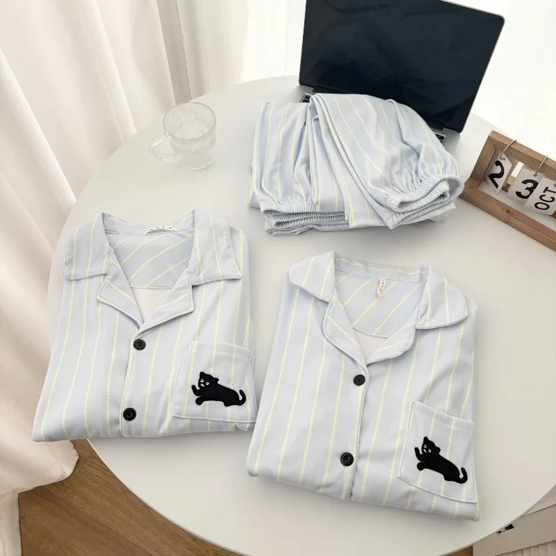 Autumn Winter Men Pajama Set Gent Striped Cartoon Cardigan Long Sleeves Loungewear Boys Warm Set Plus Size Wearing Home Outside
