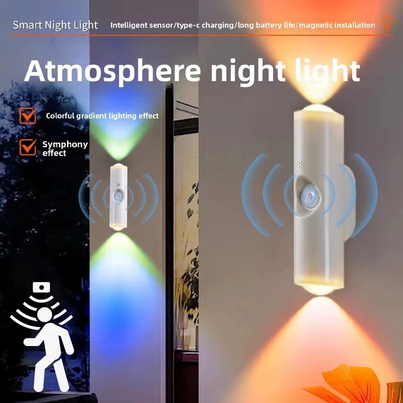 Motion Sensor Night Light RGB Gradient Wall Lamp Type-C Charging Wireless Magnetic Mounting Home Decoration Night Lamps