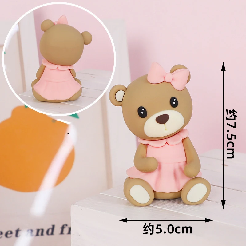 Brown Bear Doll Cake Toppers Happy Birthday Pink Blue Bear Theme Cake Topper for Birthday Baby Shower Wedding Cake Deocrations